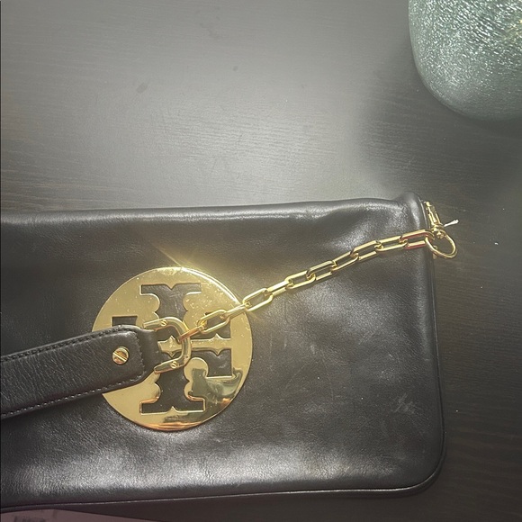 Tory Burch Black and Gold Briefcase clutch with Structured Design